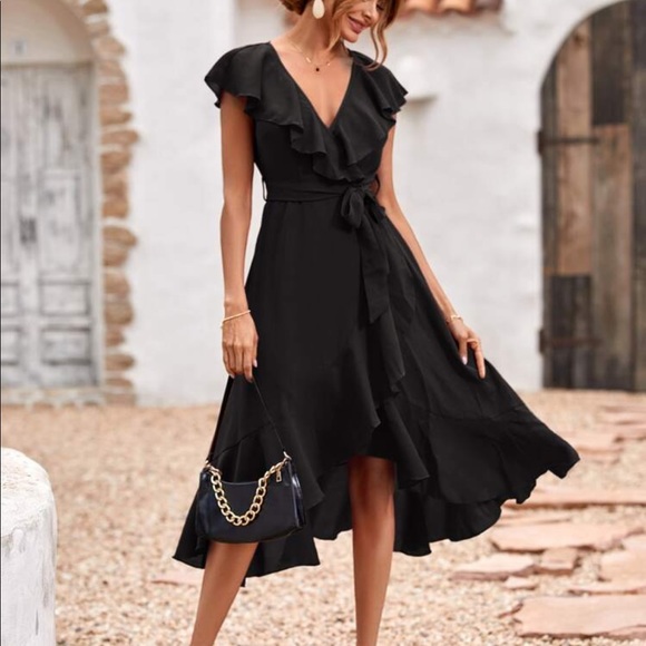 Solid Ruffle Hem Trim Belted Faux Wrap Dress New - Picture 6 of 10